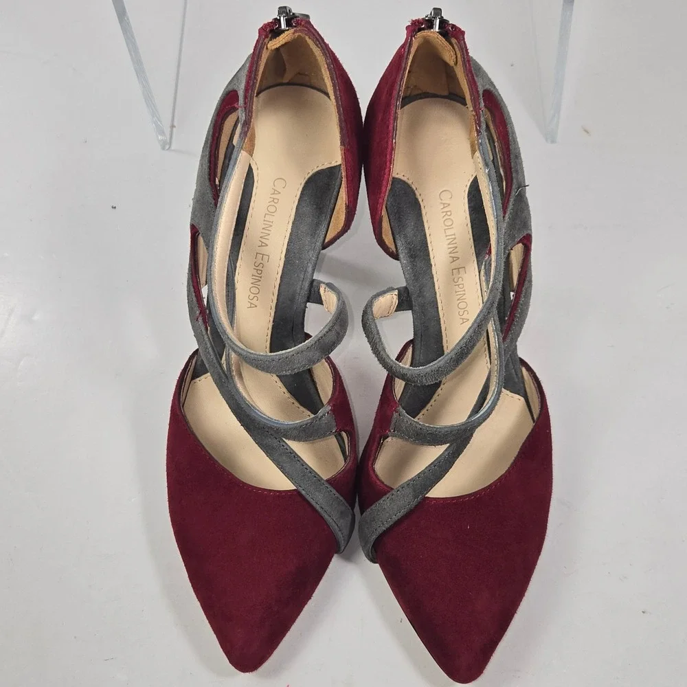 Carolinna Espinosa Pumps Womens 7.5 Burgundy‎ Suede Colorblock Strappy Heel